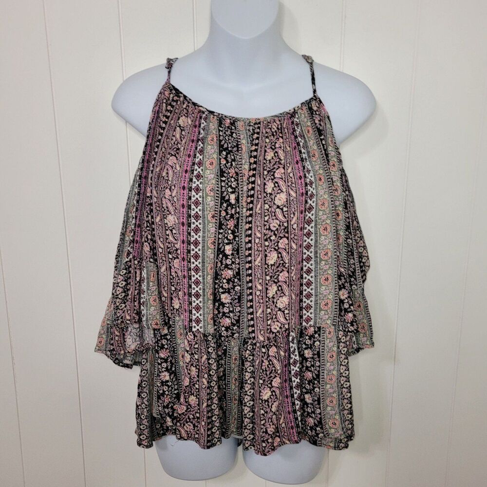 Altar'd State Top Women's Size Medium Boho Floral Striped Bell Sleeve